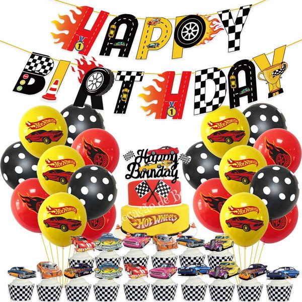 36 Piezas De DecoracióN De Fiesta De Hot Wheels Que Incluyen Pancarta Y Globos Para DecoracióN De Tartas-image