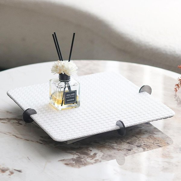 Bandeja De Lujo Ligero DecoracióN De PequeñA Fragancia HabitacióN Modelo Hogar Sala De Estar Bandeja De Almacenamiento Bandeja De Almacenamiento De Cuero Tejido DecoracióN Sinking Square Tray White Leather M08340-image