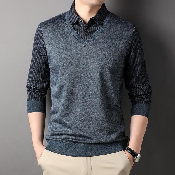 Negocios Solapa Moda Rayado SuéTer De Punto Para Hombre Nuevo Falso Dos Piezas SuéTeres De Punto JóVenes Y Mediana Edad Camisa Cuello Top 3XL-image