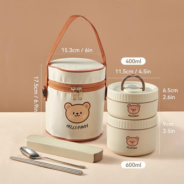 Worthbuy - Fiambrera TéRmica De Acero Inoxidable 304 Con DiseñO De Oso Para NiñOs Y Adultos, PortáTil, Para Microondas, A Prueba De Fugas Beige-image