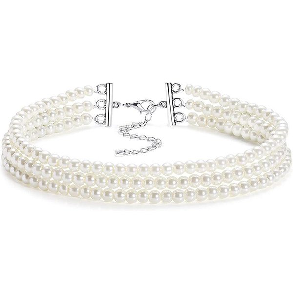 Modny Wielowarstwowy Elegancki BiałY PerłOwy KołNierzyk Choker Naszyjnik Dla Kobiet Z KoralikóW RęCznie Robiony ŚLubny Bankietowy Naszyjnik Vintage BiżUteria White-image