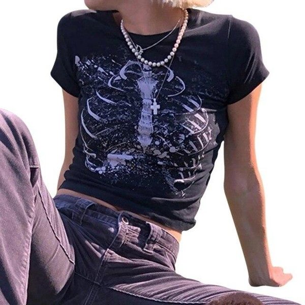 Camiseta De Manga Corta Estilo Punk Streetwear De Los 90, Estilo Vintage, Estilo GóTico, Harajuku, Grunge, Con Estampado GráFico, Ajustada, De Verano. L Negro-image