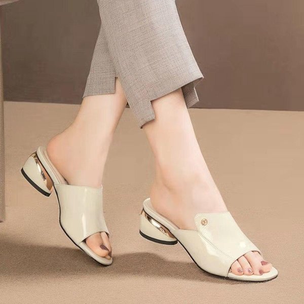 SandałY Damskie Na śRednim Obcasie Gruby Obcas Letnie Nowe Buty Damskie MięKkie SkóRzane SandałY Kapcie Noszenie Moda Odkryte Palce I PięTa DużE Buty Damskie Na ZewnąTrz 42 Beige-image