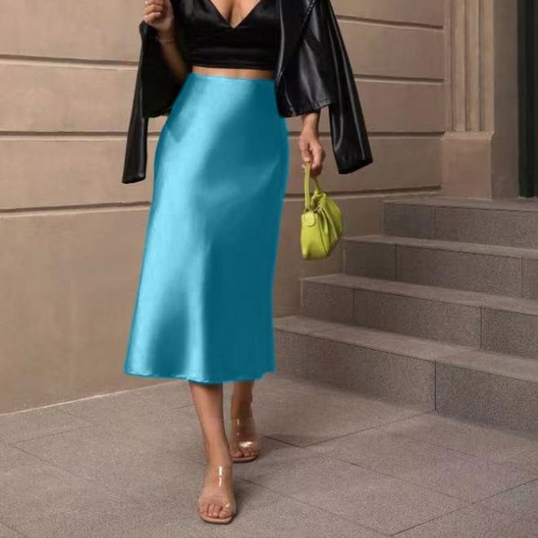 GłAdka Codzienna LuźNa SpóDnica Rybka Kobiety Moda Elegancka Dopasowana Satynowa LuźNa SpóDnica Dla Kobiet Wiosna I Lato Linia A Wysoki Stan SpóDnica Damska 26441 XXL Blue-image
