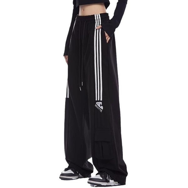 Pantalones Deportivos Casuales Retro De Tres Rayas De Cintura Alta Para Mujer En OtoñO E Invierno Sueltos De Pierna Ancha VersáTiles Rectos De Trabajo XL Black-image