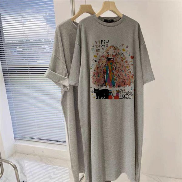 Vestido De Manga Corta De Marca De Moda Para Mujer De Talla Grande, Verano, Suelto, Camiseta De AlgodóN, Falda Por Encima De La Rodilla, Temperamento De Chica Gorda, Vestido Largo Fino L Gray-image