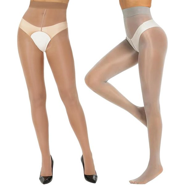 Kave 2 Pares Entrepierna Abierta/Cerrada Talla Grande Medias Suaves Brillantes De Aceite De Caballo Para Mujeres Cintura Alta Brillo Aceite De Seda Medias Transparentes Fit For 40-70Kg Brown-image