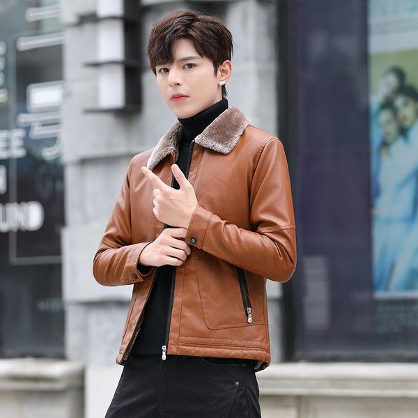Chaqueta De Cuero Para Hombre Invierno Nueva Estilo Coreano Ajustada Tendencia Joven Y Guapo Chaqueta Casual Engrosada De Terciopelo Ropa Para Hombre 6XL Brown-image