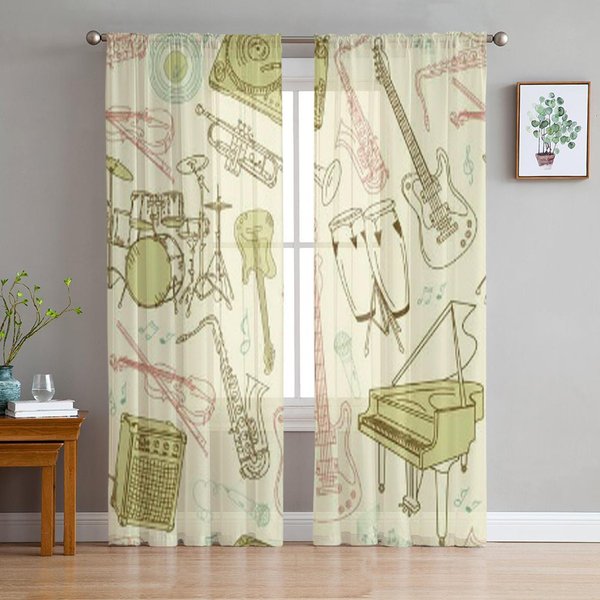 Cortinas De Ventana Transparentes De Tul Musical Para Sala De Estar El Dormitorio Cortinas Modernas De Gasa Voile Organza DecoracióN Drapeados 135W X 114H(Cm) White-image