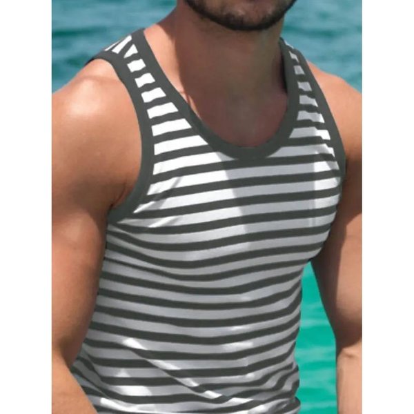 Verano Cuello Redondo 3D DiseñO MíNimamente Rayado PatróN Estampado Top Moda Casual Playa Hawaiana Chaleco Sin Mangas Camisetas Para Hombre 6XL Black-image