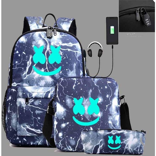 Mochila Luminosa Marshmello Malvavisco Bolso Cruzado Para LáPices Set De Tres Piezas Carga USB Mochila Escolar Para Estudiantes One Size Fits All-image