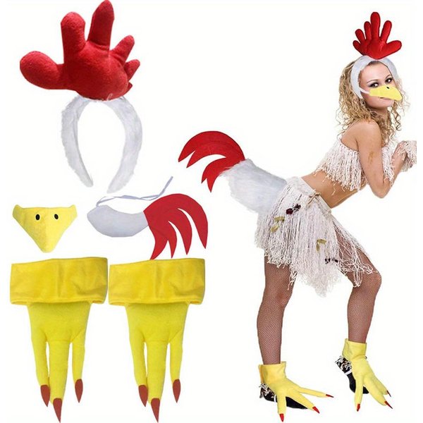 Accesorios De Disfraz De Gallo Y Gallina - Diadema Con Cresta De Gallo, Cola De Pollo, MáScara Nasal De Pico De Gallo, Zapatos De Disfraz De Patas De Pollo One Size-image