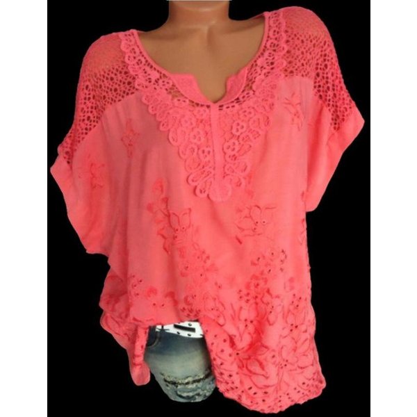 Moda Mujer Encaje Cuello Pico Bordado Manga Corta MurciéLago Camisa Mujer Suelta Moda 4XL Rojo-image