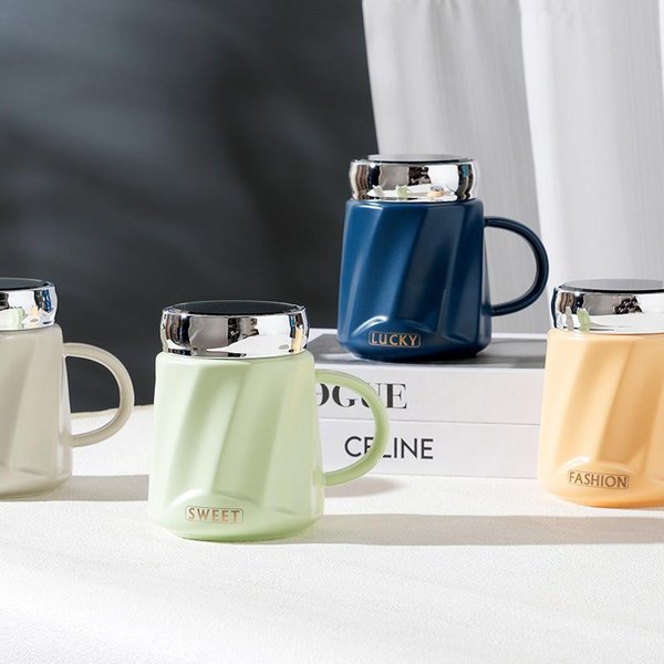 Taza Con Espejo Con Tapa Taza De CeráMica Estilo Europeo Juego Simple Taza DoméStica Alto Valor Taza De Agua Para Oficina 460ML-image