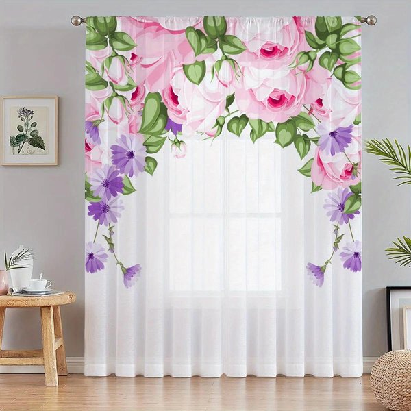 Cortina De Hilo Con Estampado De Flores, 2 Unidades, Con Bolsillo Para Varilla, Para Dormitorio, Oficina, Cocina, Sala De Estar, Estudio, DecoracióN Del Hogar. W65X60H(Cm)X2Pcs&Hook-image