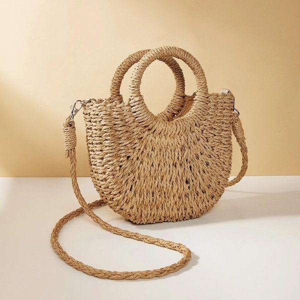 RęCznie Tkana Torebka PlażOwa Ze SłOmy Rattanowej W KształCie PółKsiężYca O DużEj PojemnośCi Damska Letnia Torba Na Ramię Typu Crossbody Z WycięCiem-image