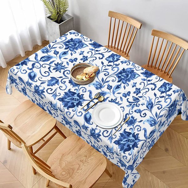 Niebieski Kwiatowy ProstokąTny Wodoodporny Obrus StołOwy Odpowiedni Na Obrus StołOwy Do Kawiarni Restauracji, Obrus Piknikowy, Obrus Na Stół Na PrzyjęCie 140-140Cm-image