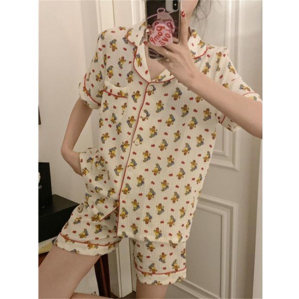Pijama De Mujer Verano Manga Corta Conjunto De Ropa De Dormir Estampado De Conejo Lindo De Dibujos Animados Pijama Mujer Volante Conjunto De Ropa De Noche Para El Hogar CáRdigan XXL Beige-image