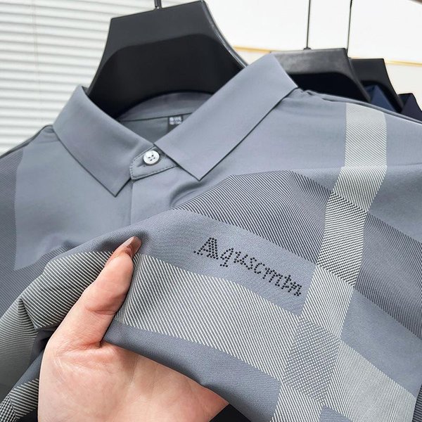 Verano Nuevo Estilo Hombre Joven Y Mediana Edad Solapa Rayado Sin Costuras Transpirable Tendencia De Moda Camiseta De Manga Corta Camisa Polo Xxxl-image