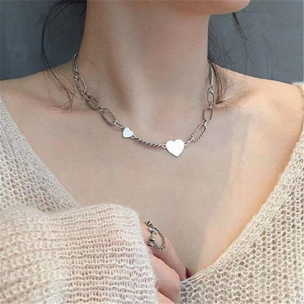 Collar Choker De Plata De Ley 925 Vintage Con Colgante De CorazóN Encanto Coreano Para NiñA Mujer DeclaracióN JoyeríA De Boda Dz223 Gray-image