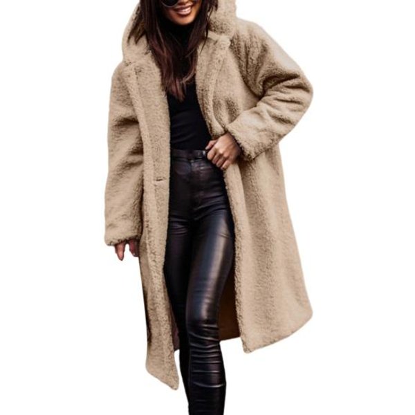 Abrigo Largo Para Mujer, Color Liso, Manga Larga, Con Capucha, Para Invierno Y OtoñO, Con Un Solo BotóN De Felpa XL Beige-image