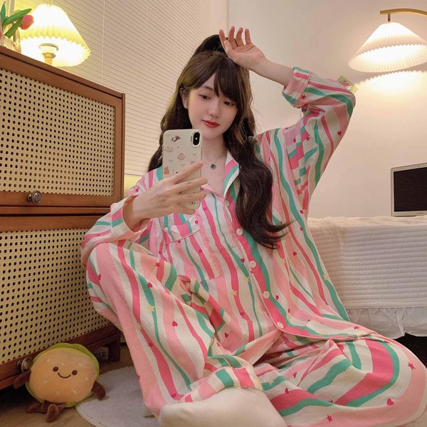 Pijama De Talla Grande Para Mujer, Conjunto De Pijama Con Estampado De Cerezas, Top De Manga Larga + PantalóN Con Volantes, Ropa De Casa. 5XL Black-image