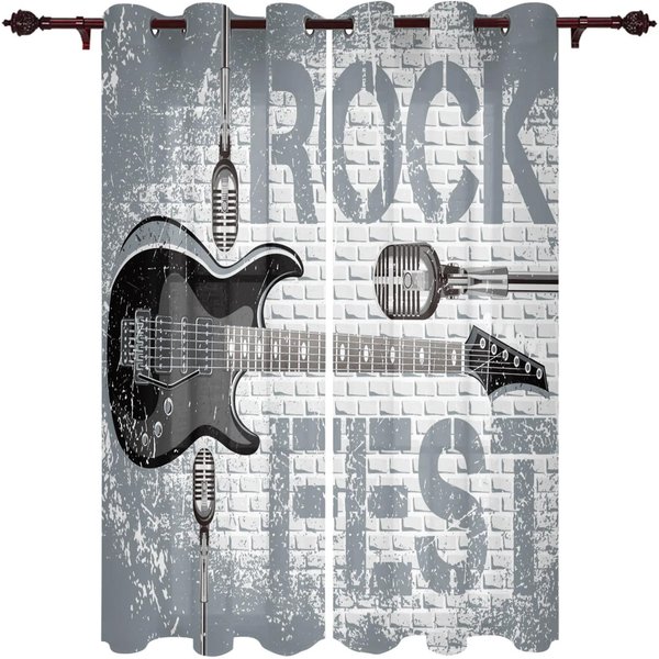 2 Piezas Escenario Musical DiseñO De Guitarra EléCtrica Instrumento Cortinas Parasol Para Sala De Estar Dormitorio DecoracióN Del Hogar Cortinas Finas W60Xh100(Cm)X2Pcs&Rod Pocket-image