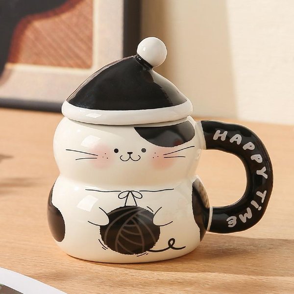 Kubek Dla Kota Ceramiczny Wysoki WygląDająCy Kubek Z Pokrywką Kubek ŚNiadaniowy Do Kawy Kreatywny Kubek Na Wodę Dla Dziewczyn Prezent Urodzinowy 301-400Ml-image