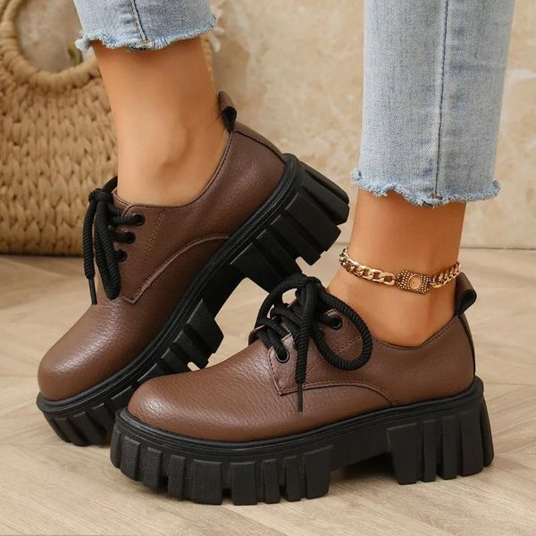 Zapatos Mujer Talla Grande Mocasines Zapatos De TacóN Alto De Plataforma Para Oficina De Mujer Punta Redonda TacóN Medio Zapatos Con Cordones Para Mujer 42 MarróN-image