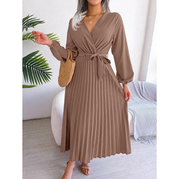 Elegancka Damska Sukienka Maxi Z Dekoltem W Serek I DłUgimi RęKawami Plisowana L Khaki-image