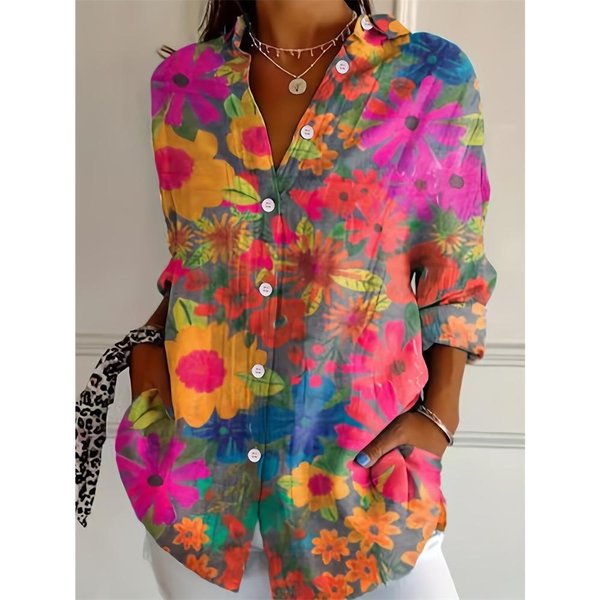 Nueva Moda De Verano Para Mujer Camisa De Solapa Talla Grande BotóN Manga Larga Diaria Fin De Semana Cuello En V Tops Estampado Floral Holgada Casual 6XL-image