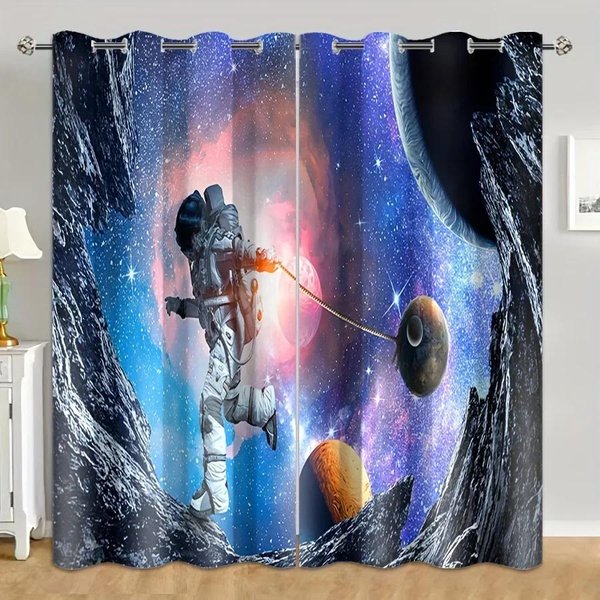 2 Paneles Astronauta Espacio Universo Cielo Estrellado Galaxia Interestelar Cortina Colorida Bolsillo Para Barra De Cortina Cortina Para Sala De Estar Oficina Hogar (50Wx50H)X2(Cm)&Rod Pocket-image