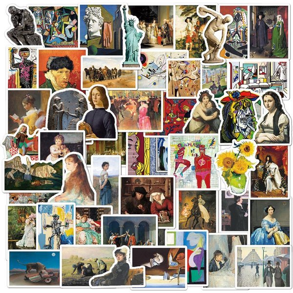 10 30 50 100 Sztuk Malarstwo Olejne Sztuka Van Gogh Mona Lisa Naklejki Graffiti Na Laptop Bagaż Telefon Dekoracja ŚCiany Naklejka Hurtowa Gray-image