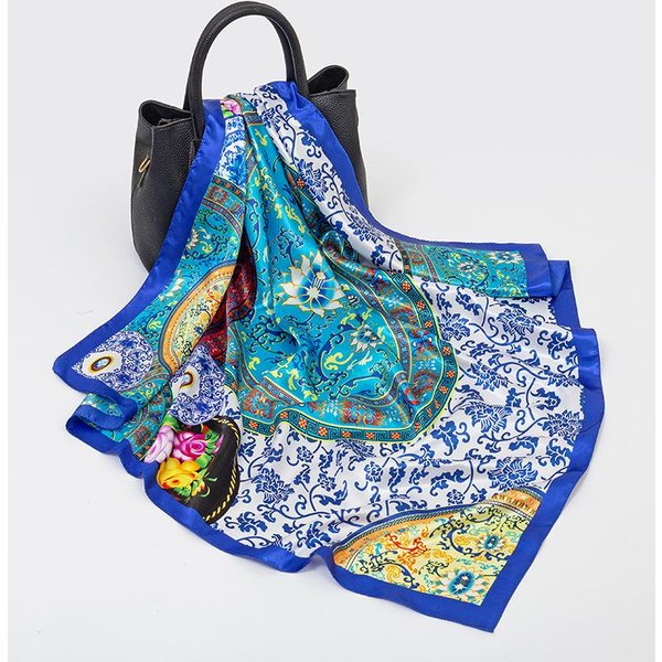 Modny Kwadratowy Jedwabny Szalik Damski Luksusowy Satynowy Drukowany HidżAb Szaliki Pareo Bandana Damski Szal Owijany Opaska Na GłOwę Foulard 90*90Cm Blue-image