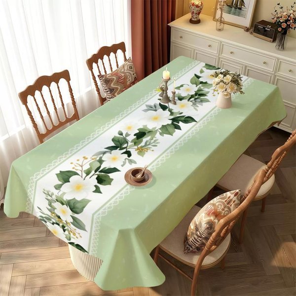 Jasnozielony LiśCiasty Kwiatowy ProstokąTny Obrus Na Stół Dekoracja BiałE Kwiaty Nadruk Obrus Na Stół Kuchenny Jadalnię Dekoracja Weselna Impreza 140X140Cm-image