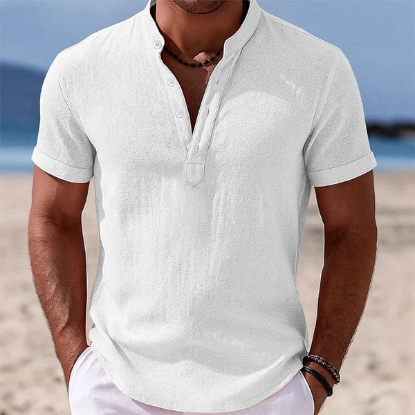 Camisa De Lino Y AlgodóN De Manga Corta Para Hombre Con Botones Casual Ligera Transpirable Top De Verano Con Cuello Mao Corte Relajado Xxxl Blanco-image