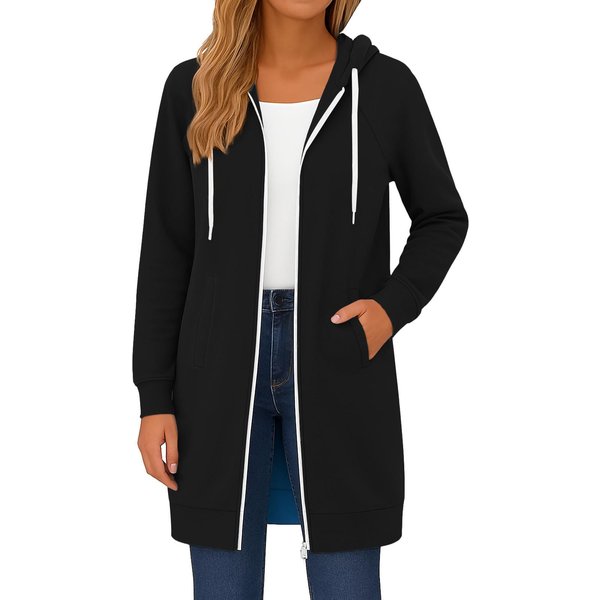 Damskie Bluzy Z Kapturem Zapinane Na Zamek, Z DłUgim RęKawem, DłUgie Tuniki, Bluzy Dresowe Oversize, Polarowa Kurtka Jesienna Casual Z Kieszenią M Czarny-image