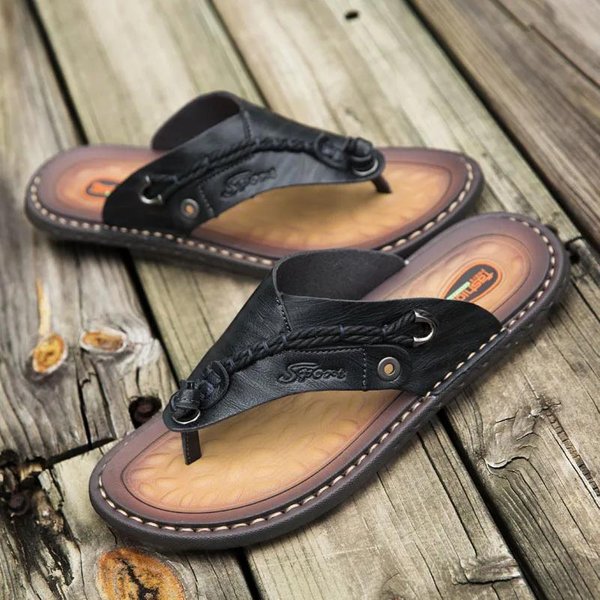 Nuevas Chanclas De Cuero Hechas A Mano De Verano Moda Tendencia Chanclas Para Hombre CóModas Transpirables Para Exteriores Sandalias Simples Para Hombre 42 Negro-image