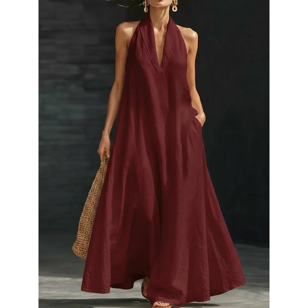 Vestido SóLido De Verano Para Mujer Con Cuello En V 2026 - Estilo Europeo Y Americano Ropa Casual M-image