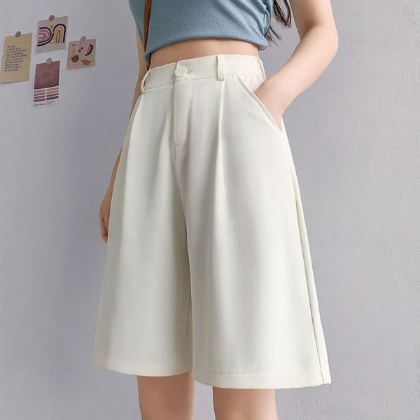 Pantalones Cortos De Traje Para Mujer En Verano Nuevos De Cintura Alta Corte En A Sueltos De Largo Medio Pantalones Casuales Japoneses De Cinco Puntos One Size-image