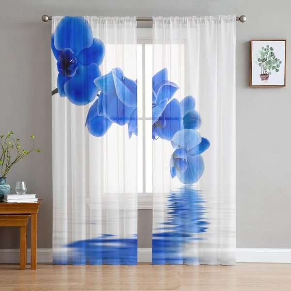 Planta De Flor De OrquíDea De Agua Cortinas Transparentes De Gasa Para Sala De Estar Dormitorio DecoracióN Del Hogar Visillos Para Ventana Tul Cortinas W135 X H115Cm X1&Grommet Top-image