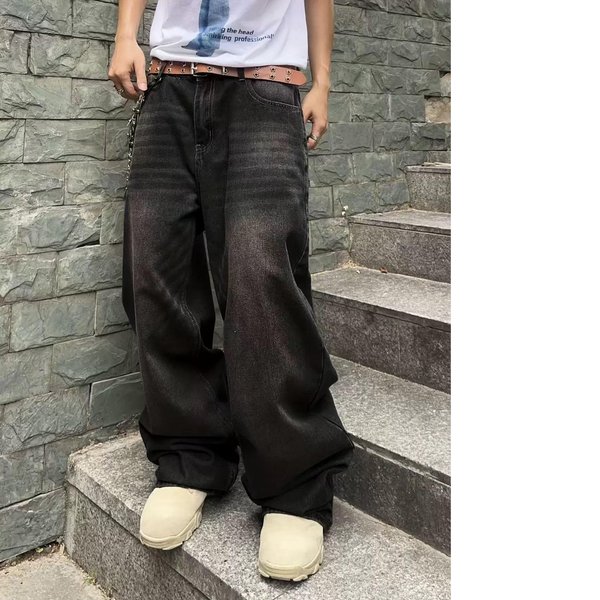 MęSkie Jeansy Denimowe Y2K RozciąGliwe LuźNe Dla MężCzyzn Modne Codzienne Spodnie Streetwear Denim Hip Hop Szerokie Proste Spodnie M Czarny-image