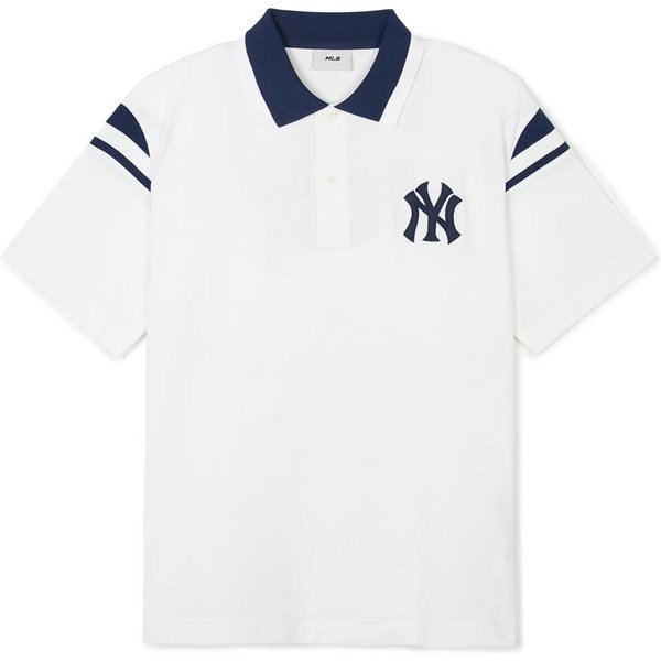 Camiseta Polo Casual De Manga Corta Con Logo Rayado De Los New York Yankees De La MLB Unisex Tops Marfil 3APQV0143-50IVS XL Blue-image