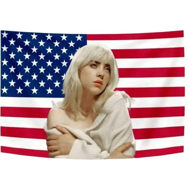 1 Szt. Gobelin ŚCienny Z Flagą USA Billie Eilish Do Sypialni Salonu, Poliester Druk 2D, Fajny WystróJ Muzyczny I WyjąTkowy Prezent Dla Fana 150X200Cm-image