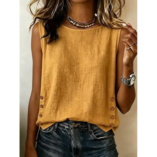 Nuevo Chaleco De Lino Y AlgodóN De Color SóLido Para Mujer De Verano, Cuello Redondo Holgado Casual Sin Mangas Con Botones XXL-image