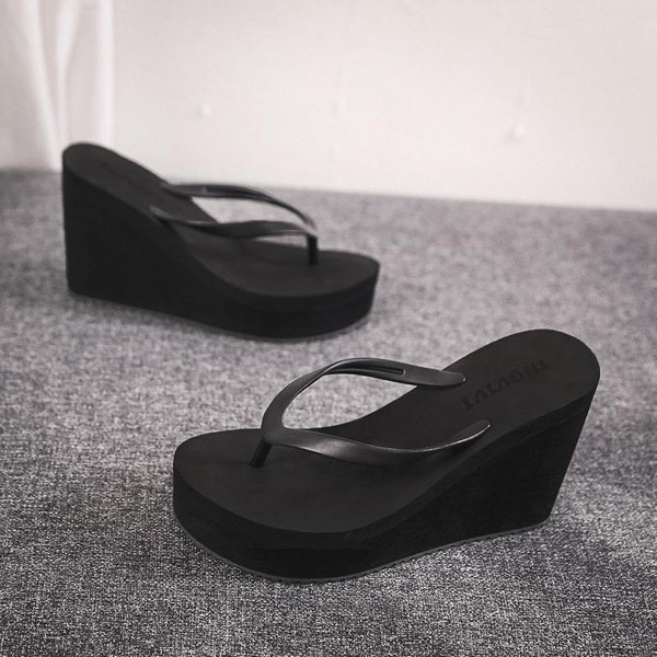 Letnie Buty Damskie Klapki Japonki Na Koturnie Platformy Obuwie Damskie MułY Na Obcasie Slajdy Buty PlażOwe 37 Czarny-image