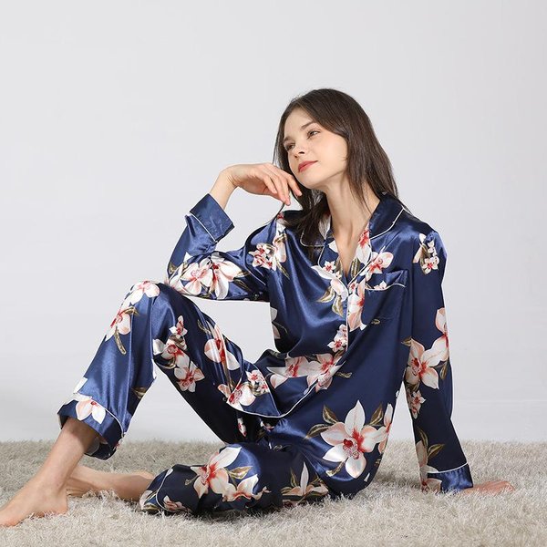 Pijama Con Estampado Para Mujer Ropa De Casa Holgada Casual Cuello Solapa Ropa De Dormir Primavera OtoñO SatéN Ropa De Dormir Pantalones De Manga Larga 2 Piezas Pijama L Gray-image