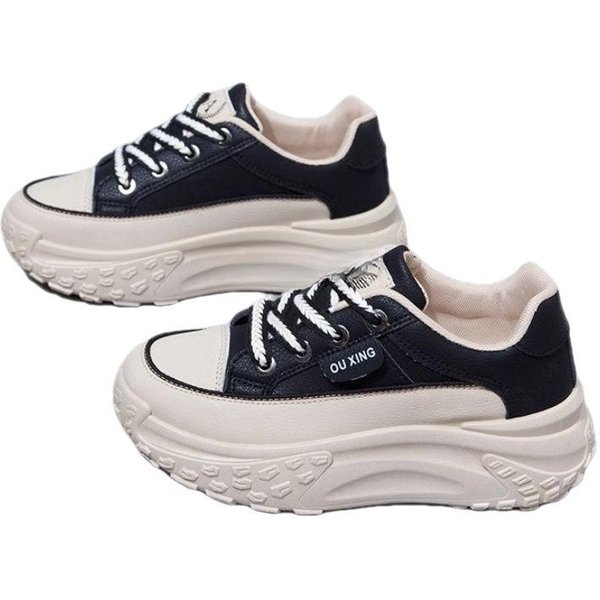 Zapatos De Papá Para Mujer OtoñO Nuevo VersáTil Suela Gruesa Aumento De Altura Running Casual Cuero Zapatillas Transpirables 40 Negro-image