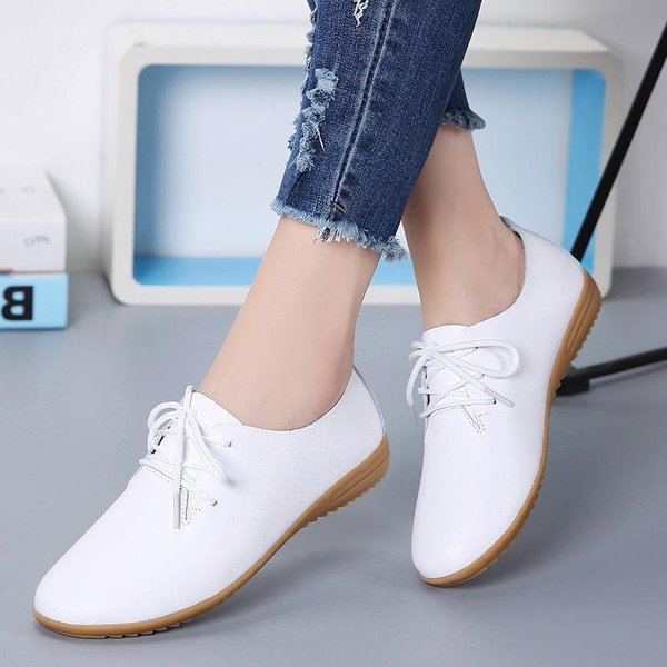 Zapatos De Mujer De Cuero Genuino Talla Grande Estilo Coreano Estudiante Planos Blancos Mujer Punta Redonda Casual Zapatos Individuales Mujer Tendencia Estilo Simple 40 Gray-image