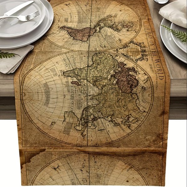 Retro Mapa ŚWiata ŻEglarska Lniane BieżNiki Na Stół Szal Na Komodę Dekoracja StołU WewnąTrz I Na ZewnąTrz Imprezy WystróJ Domu W Stylu Wiejskim Spotkania Domowe 150X33Cm Brown-image